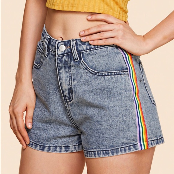 rainbow striped jean shorts